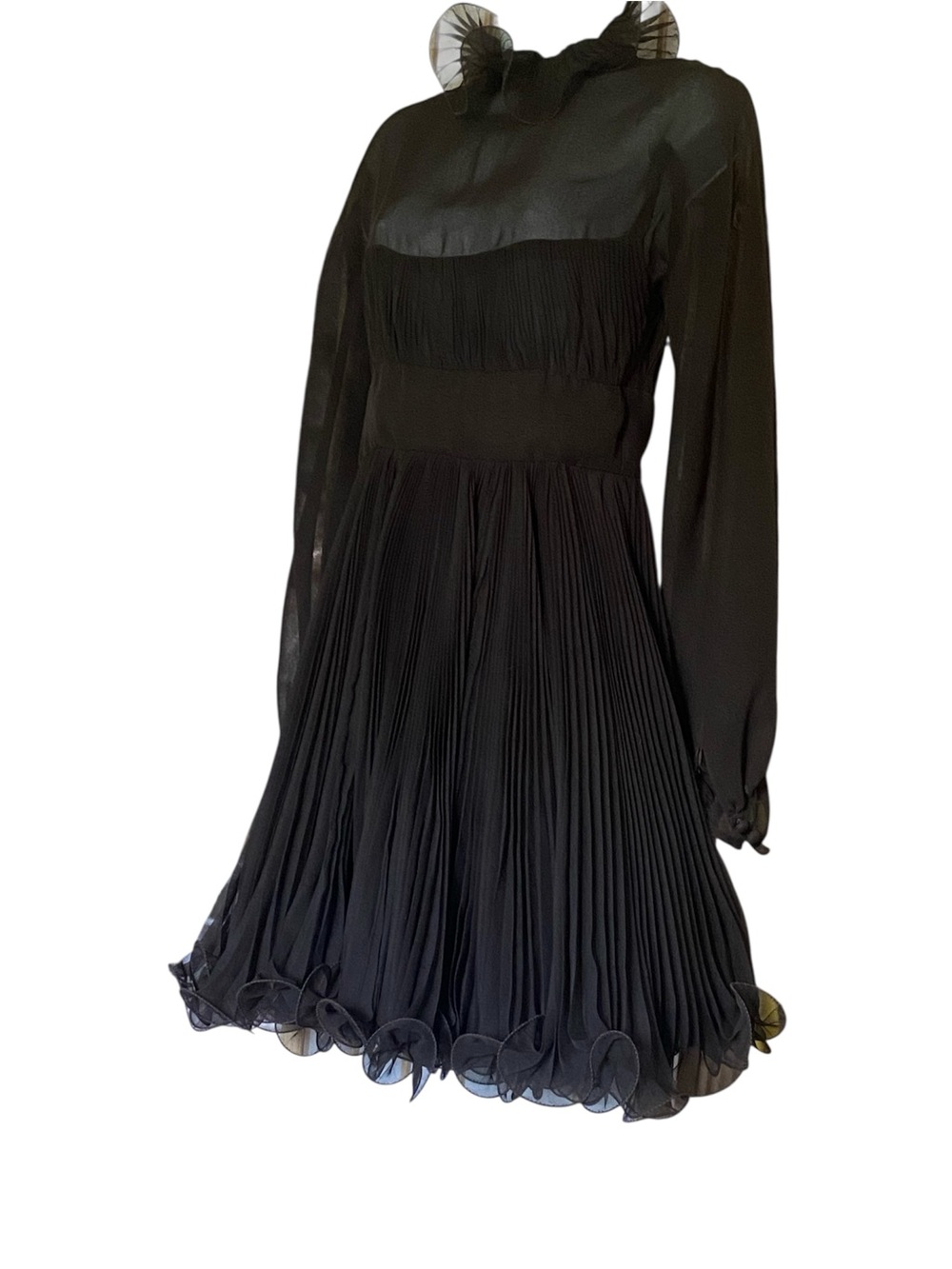 Rare William Travilla 1960’s Sheer Pleated mini dress dark brown S